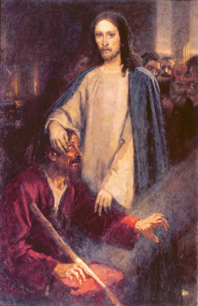 Jésus, debout, pose sa main sur le front de l'aveugle de Jéricho et lui rend la vue.